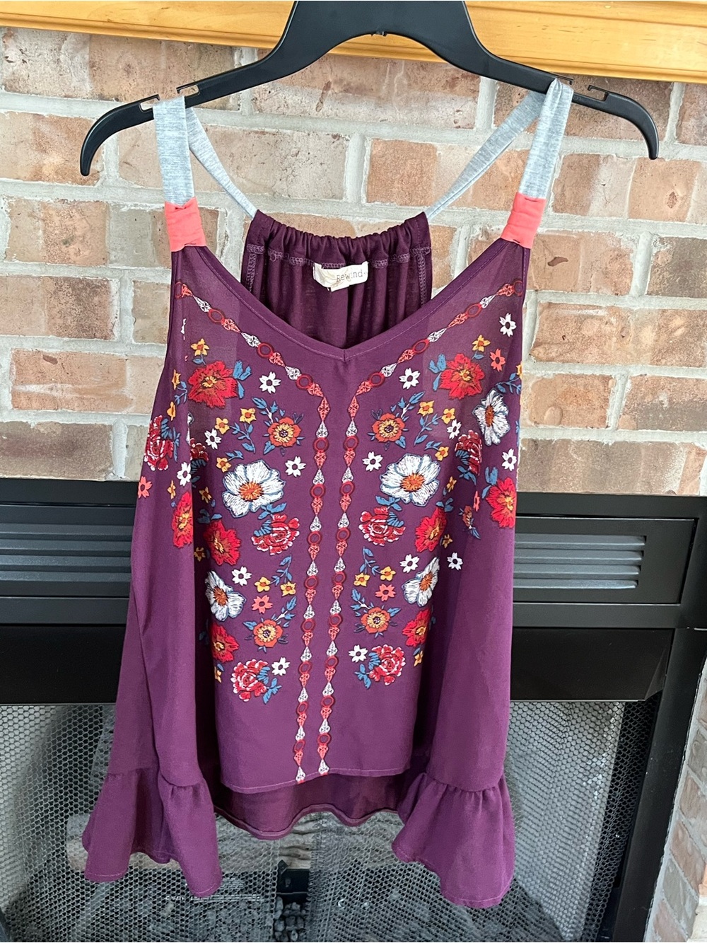Embroidered Plum Floral Tank Top with Ruffle Hem